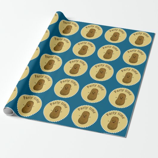 Happy Potato Party Time Ocean Blue Cadeaupapier (Uitgerold)