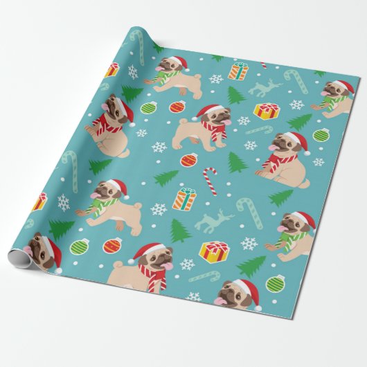 Happy Pug-kerstpatroon Cadeaupapier (Uitgerold)