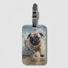 Happy Pug op het strand aanpasbaar Bagagelabel