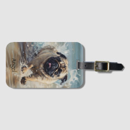 Happy Pug op het strand aanpasbaar Bagagelabel
