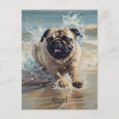 Happy Pug op het strand aanpasbaar Briefkaart (Voorkant)