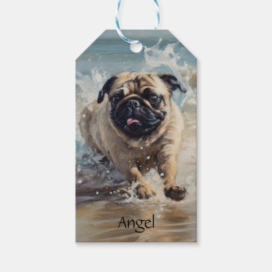 Happy Pug op het strand aanpasbaar Cadeaulabel (Voorkant)