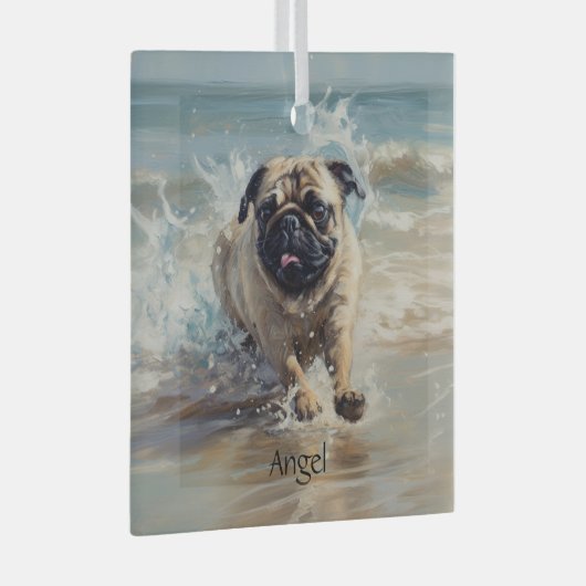 Happy Pug op het strand aanpasbaar Glas Ornament (Voorkant Rechts)