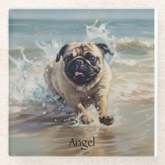 Happy Pug op het strand aanpasbaar Glazen Onderzetter (Voorkant)