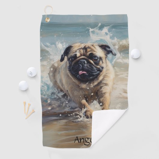 Happy Pug op het strand aanpasbaar Golfhanddoek (Insitu)