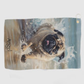 Happy Pug op het strand aanpasbaar Golfhanddoek (Horizontaal)
