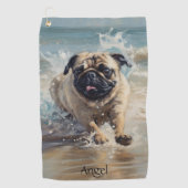 Happy Pug op het strand aanpasbaar Golfhanddoek (Voorkant)