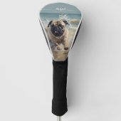 Happy Pug op het strand aanpasbaar Golfheadcover (Voorkant)