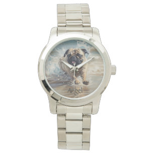 Happy Pug op het strand aanpasbaar Horloge