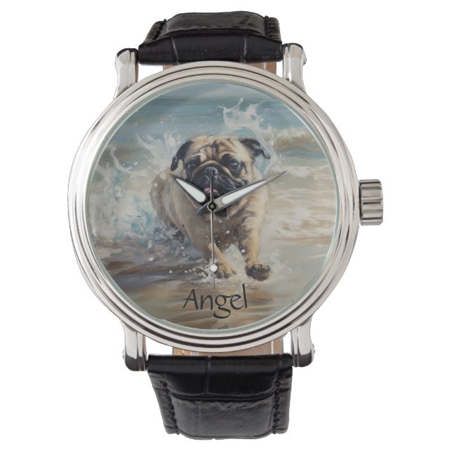 Happy Pug op het strand aanpasbaar Horloge (Voorkant)