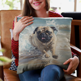 Happy Pug op het strand aanpasbaar Kussen