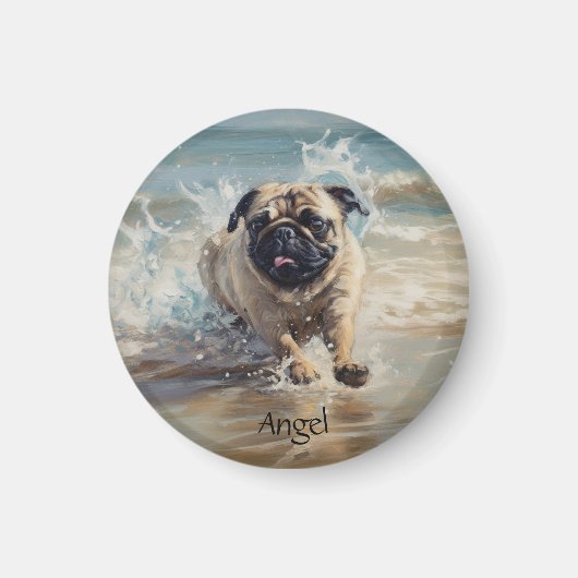 Happy Pug op het strand aanpasbaar Magneet (Voorkant)