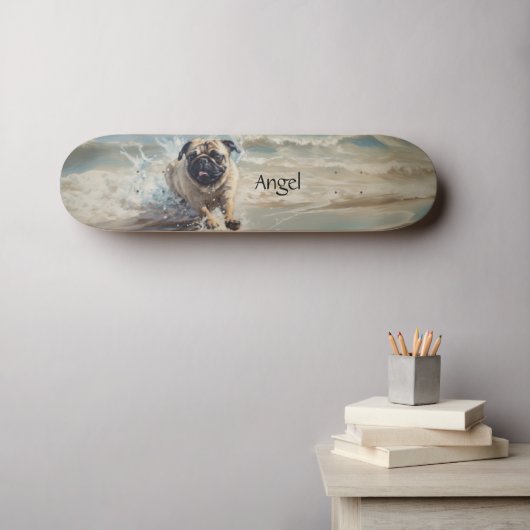 Happy Pug op het strand aanpasbaar Persoonlijk Skateboard (Muurkunst (Horizontaal))