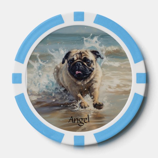 Happy Pug op het strand aanpasbaar Poker Chips (Voorkant)