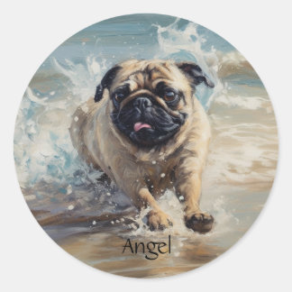 Happy Pug op het strand aanpasbaar Ronde Sticker