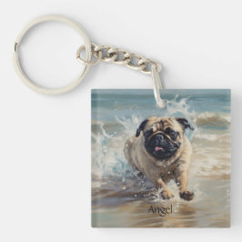 Happy Pug op het strand aanpasbaar Sleutelhanger