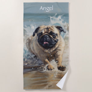 Happy Pug op het strand aanpasbaar Strandlaken