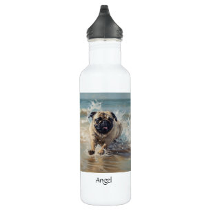 Happy Pug op het strand aanpasbaar Waterfles