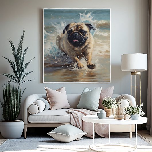 Happy Pug op het strand Poster