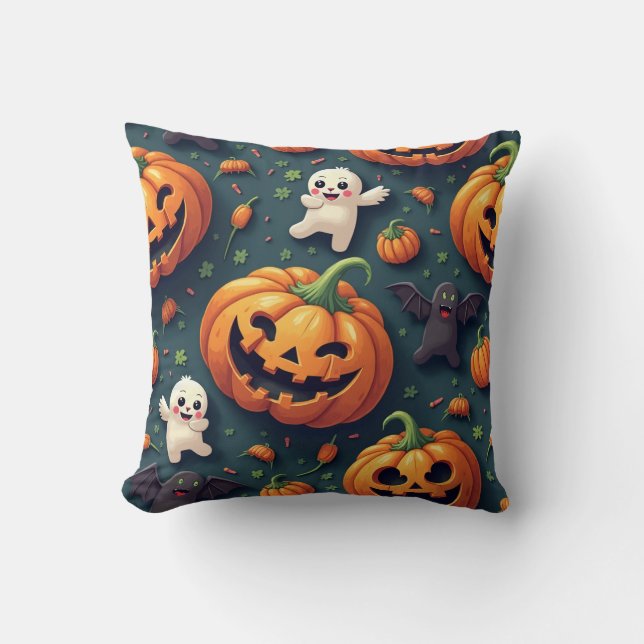 Happy Pumpkin en Ghost Halloween Kussen (Voorkant)