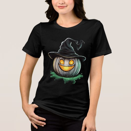 Happy Pumpkin Witch Halloween Art Tri-Blend Shirt (Voorkant)