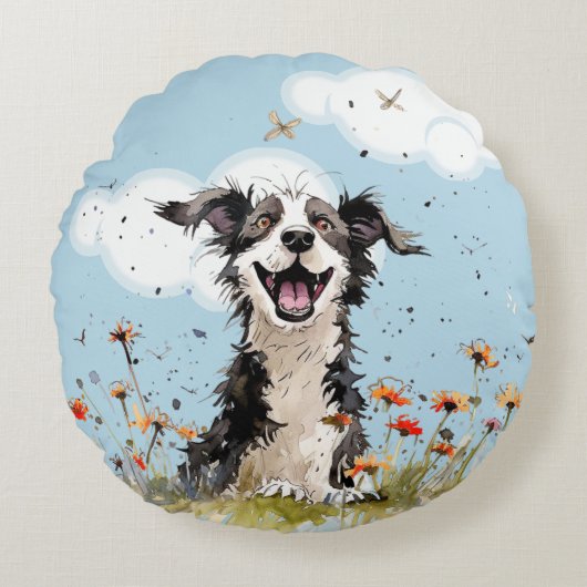 Happy Pup Rond Kussen (Voorkant)