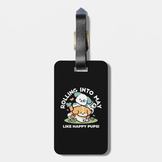 Happy Puppies Rolling Into May beroemd gemaakt doo Bagagelabel (Achterkant verticaal)