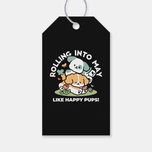 Happy Puppies Rolling Into May beroemd gemaakt doo Cadeaulabel (Voorkant)