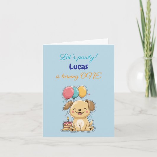 Happy Puppy, Boy, Let's Pawty, 1st Birthday, Card, (Voorkant)