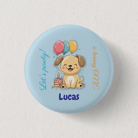 Happy Puppy, Boy, Let's Pawty, 1st Birthday  Ronde Button 3,2 Cm (Voorkant)