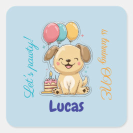 Happy Puppy, Boy, Let's Pawty, 1st Birthday  Vierkante Sticker