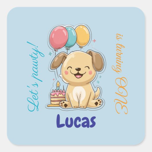 Happy Puppy, Boy, Let's Pawty, 1st Birthday  Vierkante Sticker (Voorkant)
