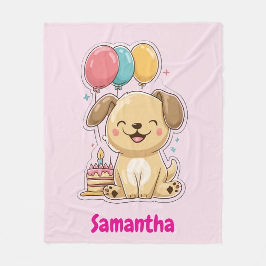 Happy Puppy, Girl, 1st Birthday Gift, Personalized Fleece Deken (Voorkant)