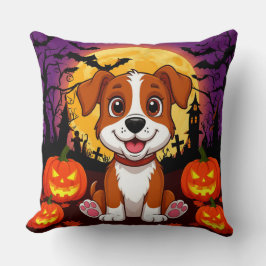 Happy Puppy in een Halloween-omgeving met pompoene Kussen