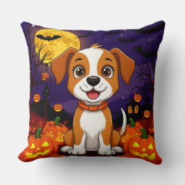 Happy Puppy in een Halloween-omgeving met pompoene Kussen