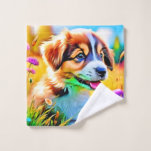 Happy Puppy Meadow Design Bad Handdoek (Wasdoekje)