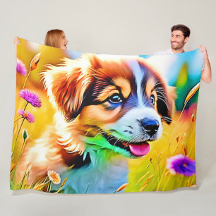 Happy Puppy Meadow Design Fleece Deken