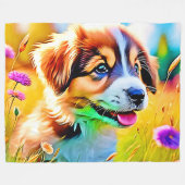 Happy Puppy Meadow Design Fleece Deken (Voorkant (Horizontaal))