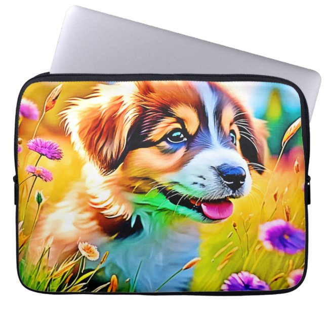 Happy Puppy Meadow Design Laptop Sleeve (Voorkant)