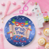 Happy Purim Blue Megillah Grogger Hamantaschen Papieren Bordje (Feest)