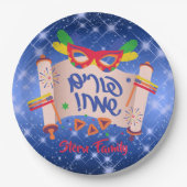 Happy Purim Blue Megillah Grogger Hamantaschen Papieren Bordje (Voorkant)