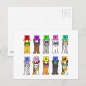 Happy Purim Cartoon Katten in maskers en Petten Briefkaart (Voorkant / Achterkant)