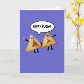 Happy Purim Cute Smiling Hamentaschen Cartoon Kaart (Gele Bloem)