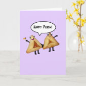 Happy Purim Cute Smiling Hamentaschen Cartoon Kaart (Gele Bloem)