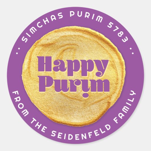 Happy Purim Elegant Gold Seal Paars Ronde Sticker (Voorkant)