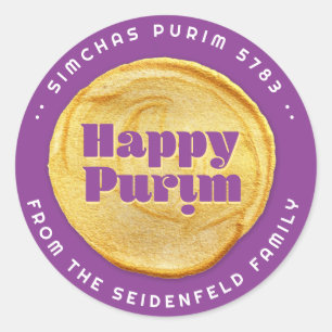 Happy Purim Elegant Gold Seal Paars Ronde Sticker