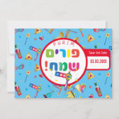 Happy Purim Festival Funny Toys Pattern Kinder Par Save The Date (Voorkant)