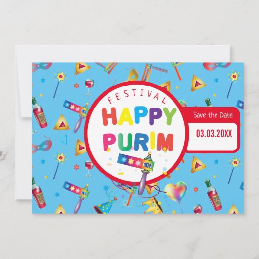 Happy Purim Festival Funny Toys Pattern Kinder Par Save The Date (Achterkant)