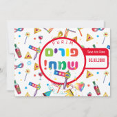 Happy Purim Festival Funny Toys Pattern Kinder Par Save The Date (Voorkant)
