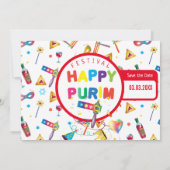 Happy Purim Festival Funny Toys Pattern Kinder Par Save The Date (Achterkant)